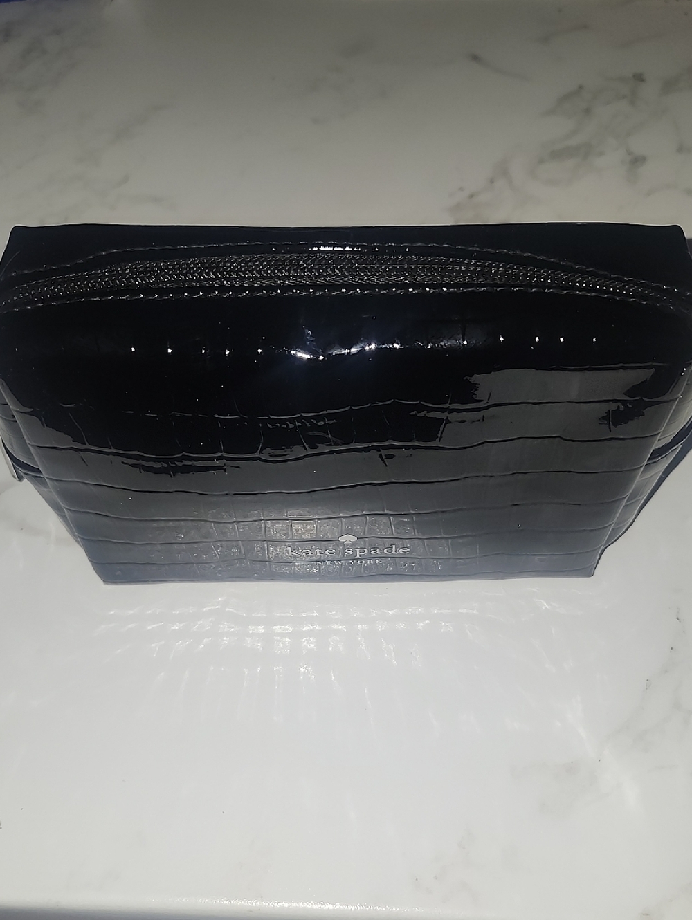 Kate Spade Black Croc-Embossed Patent Cosmetic Pouch